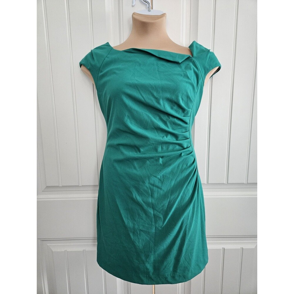 Calvin Klein Size 14 Green Cap Sleeve Ruched Sheath Fitted Cocktail Dress Lined